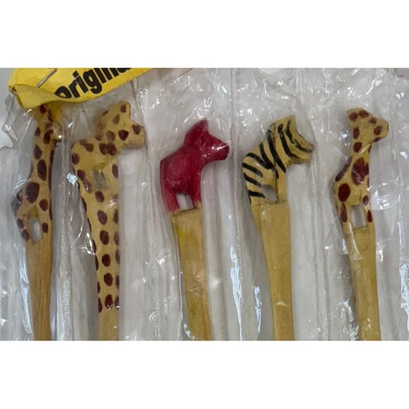 5 African Game Wood Tee Spoons Giraffe Zebra Wooden Teaspoon Safari Souvenir - Picture 3 of 3